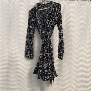 PrettyLittleThing Black Wrap Long Sleeve Polka Dot Mini Dress